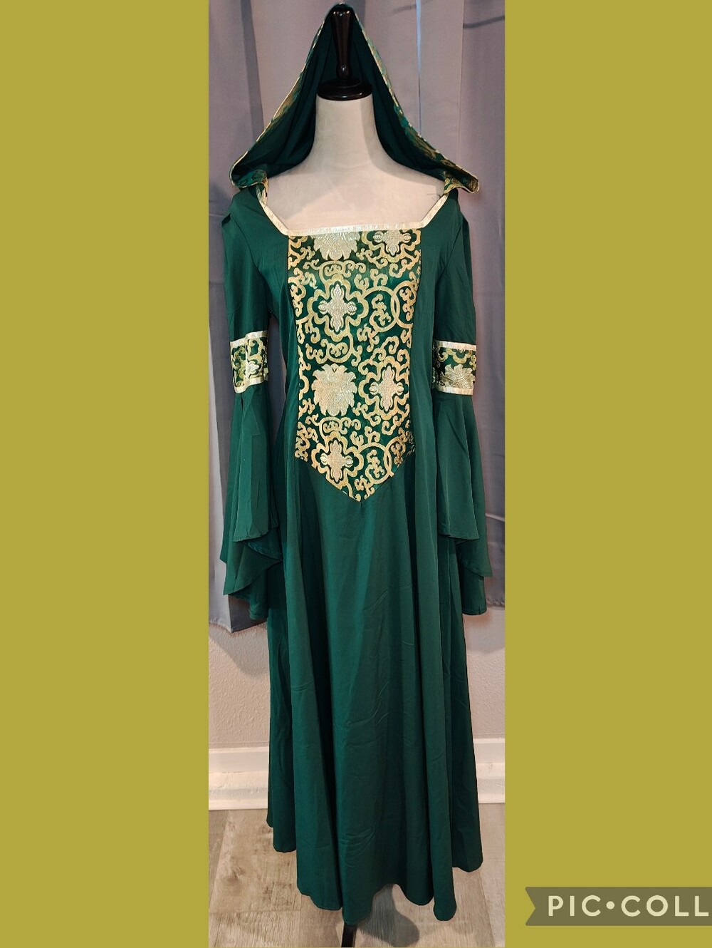 Medieval Renaissance Hooded Gown w Trumpet Sleeves & Ornate Gold Brocade Panel. - Picture 2 of 8